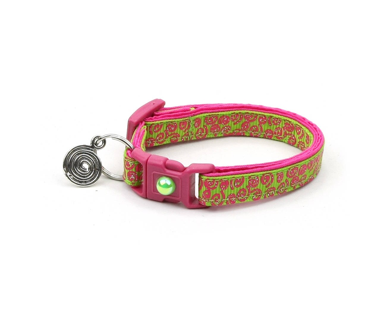 Pink Squiggles on Bright Green Cat Collar-1