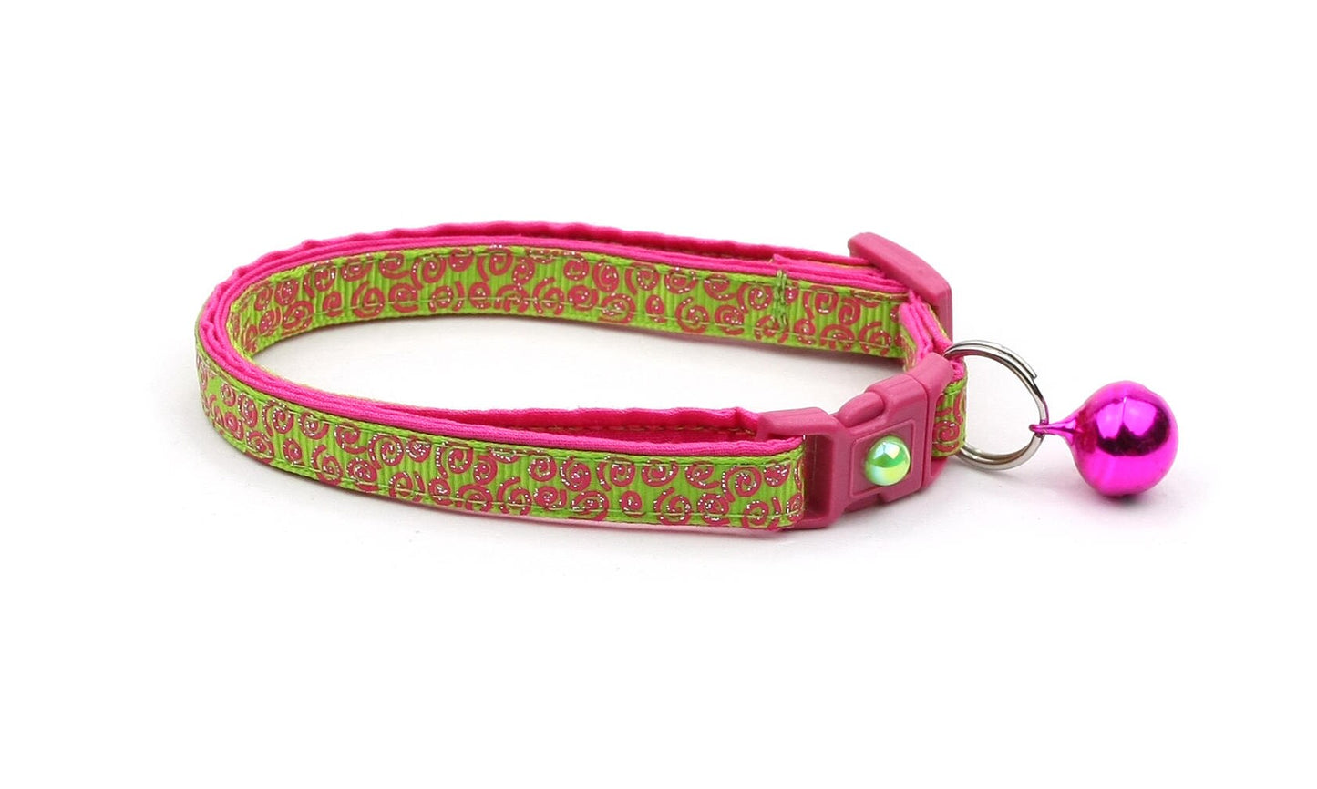 Pink Squiggles on Bright Green Cat Collar-2
