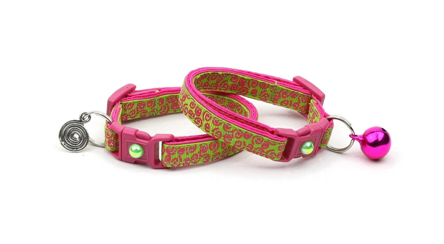 Pink Squiggles on Bright Green Cat Collar-4