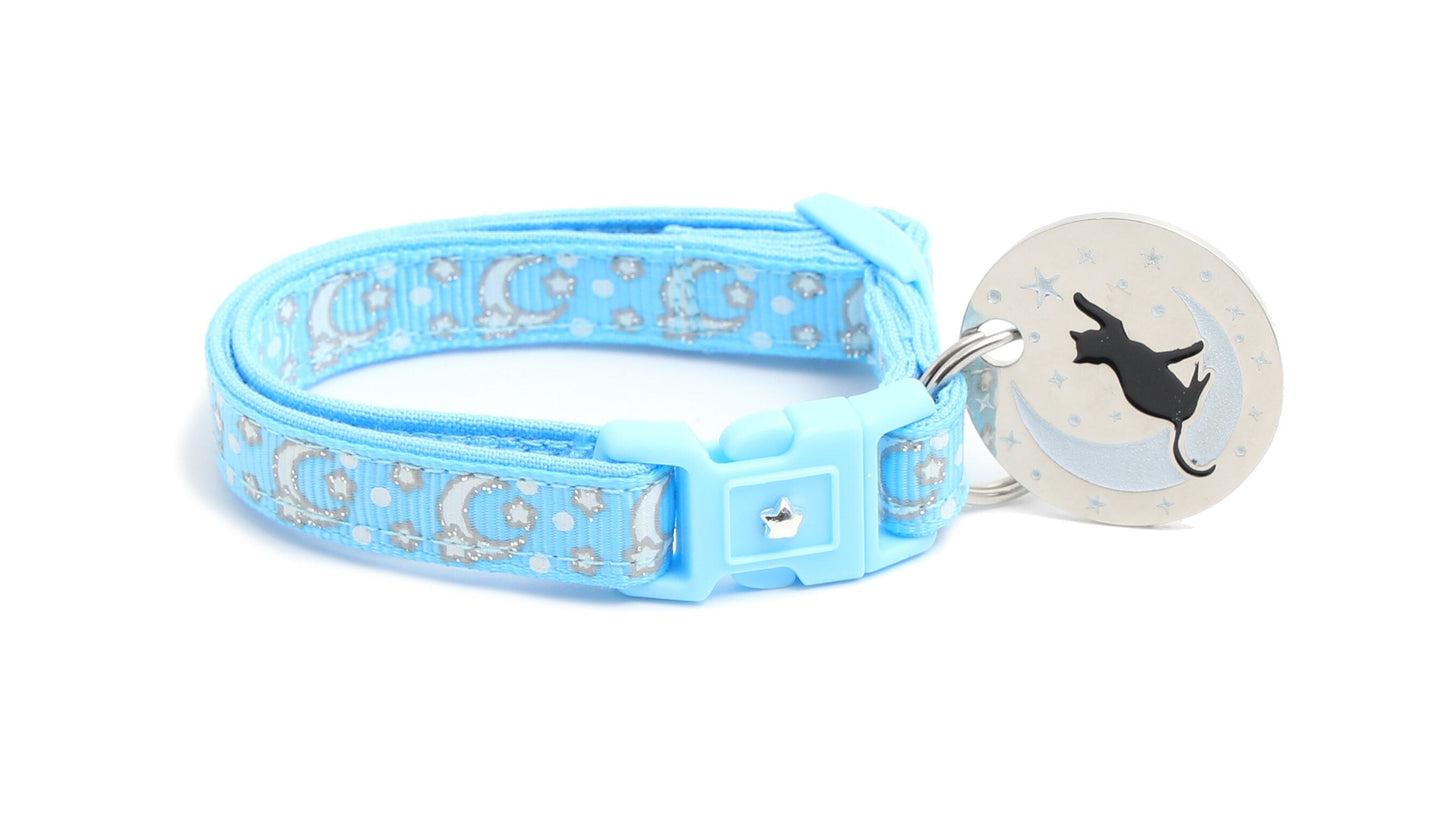 Silver Moons and Stars on Powder Blue Cat Collar-1