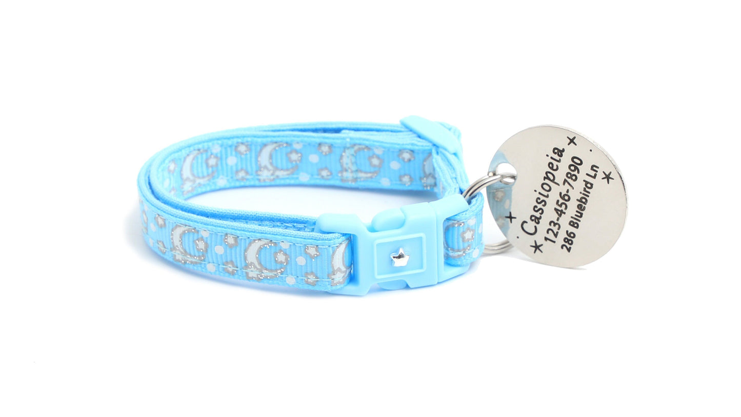 Silver Moons and Stars on Powder Blue Cat Collar-6