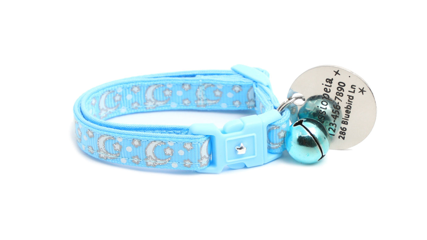 Silver Moons and Stars on Powder Blue Cat Collar-7