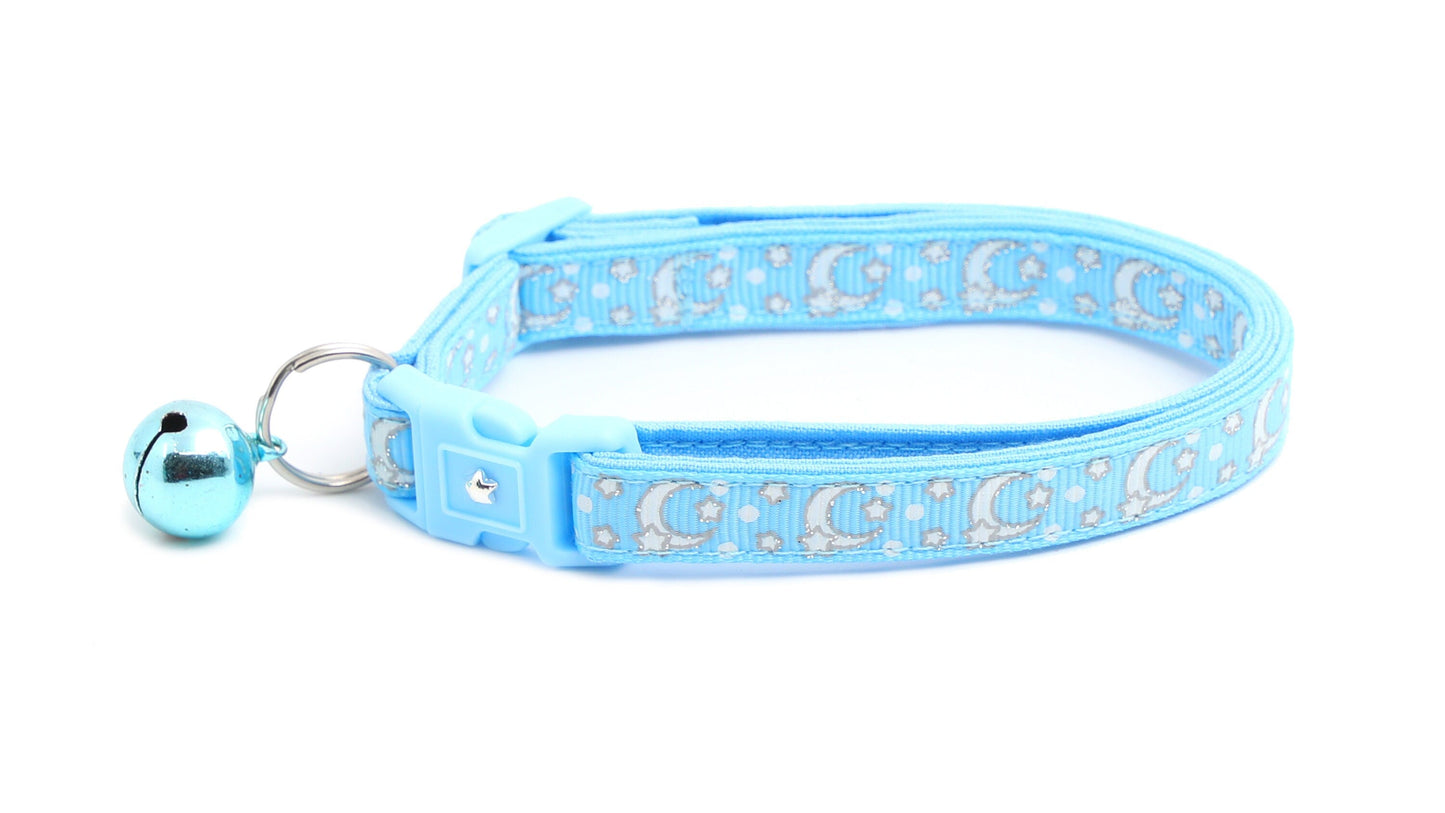 Silver Moons and Stars on Powder Blue Cat Collar-3