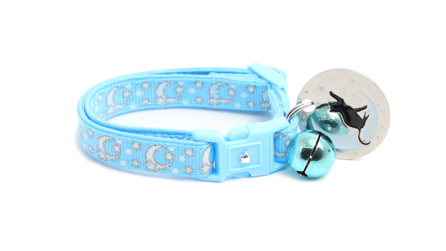 Silver Moons and Stars on Powder Blue Cat Collar-5