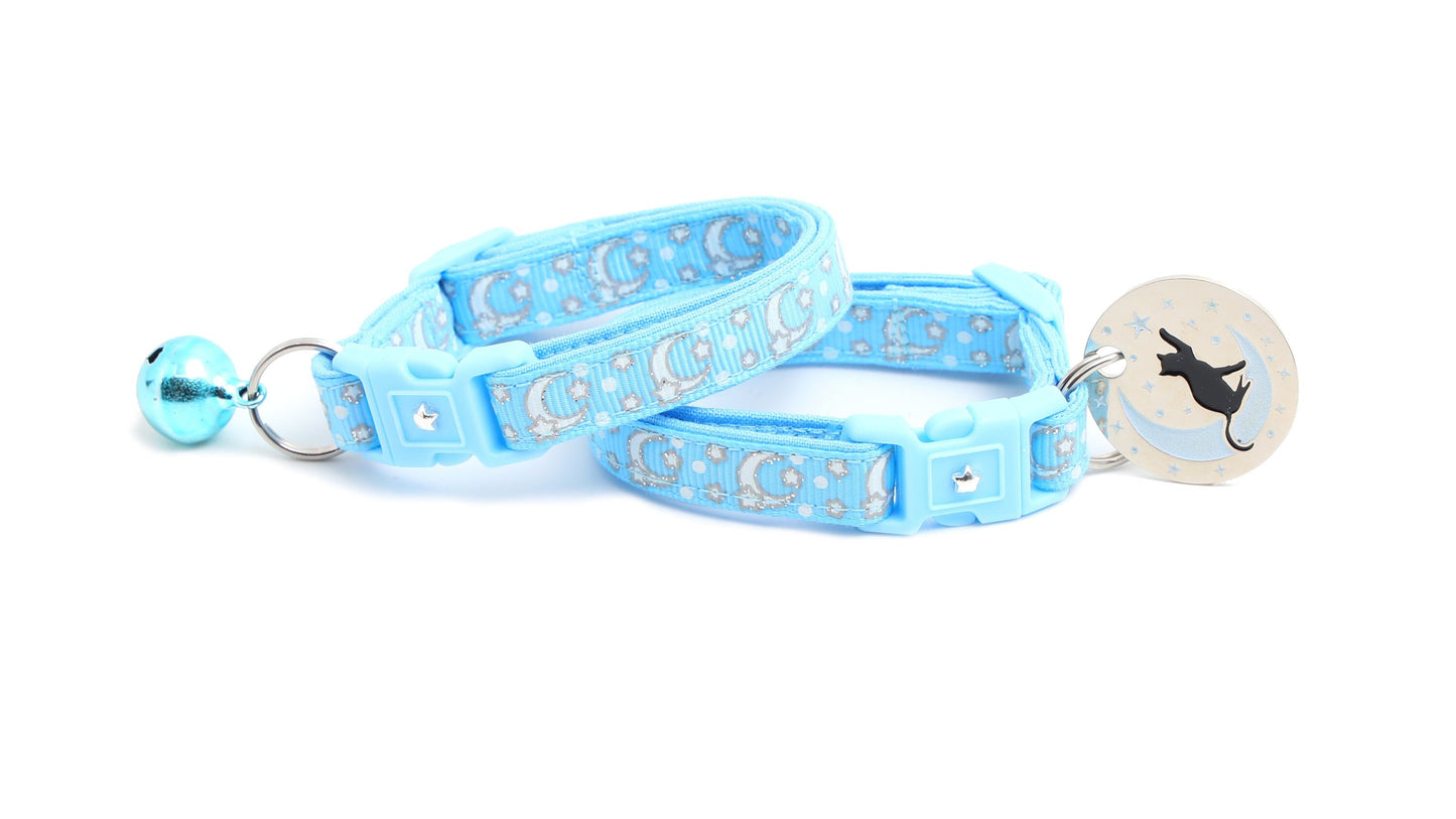 Silver Moons and Stars on Powder Blue Cat Collar-2