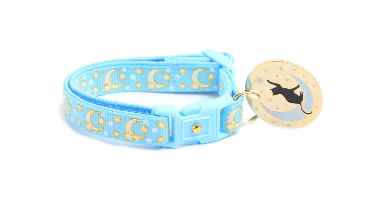 Gold Moons and Stars on Powder Blue Cat Collar-1