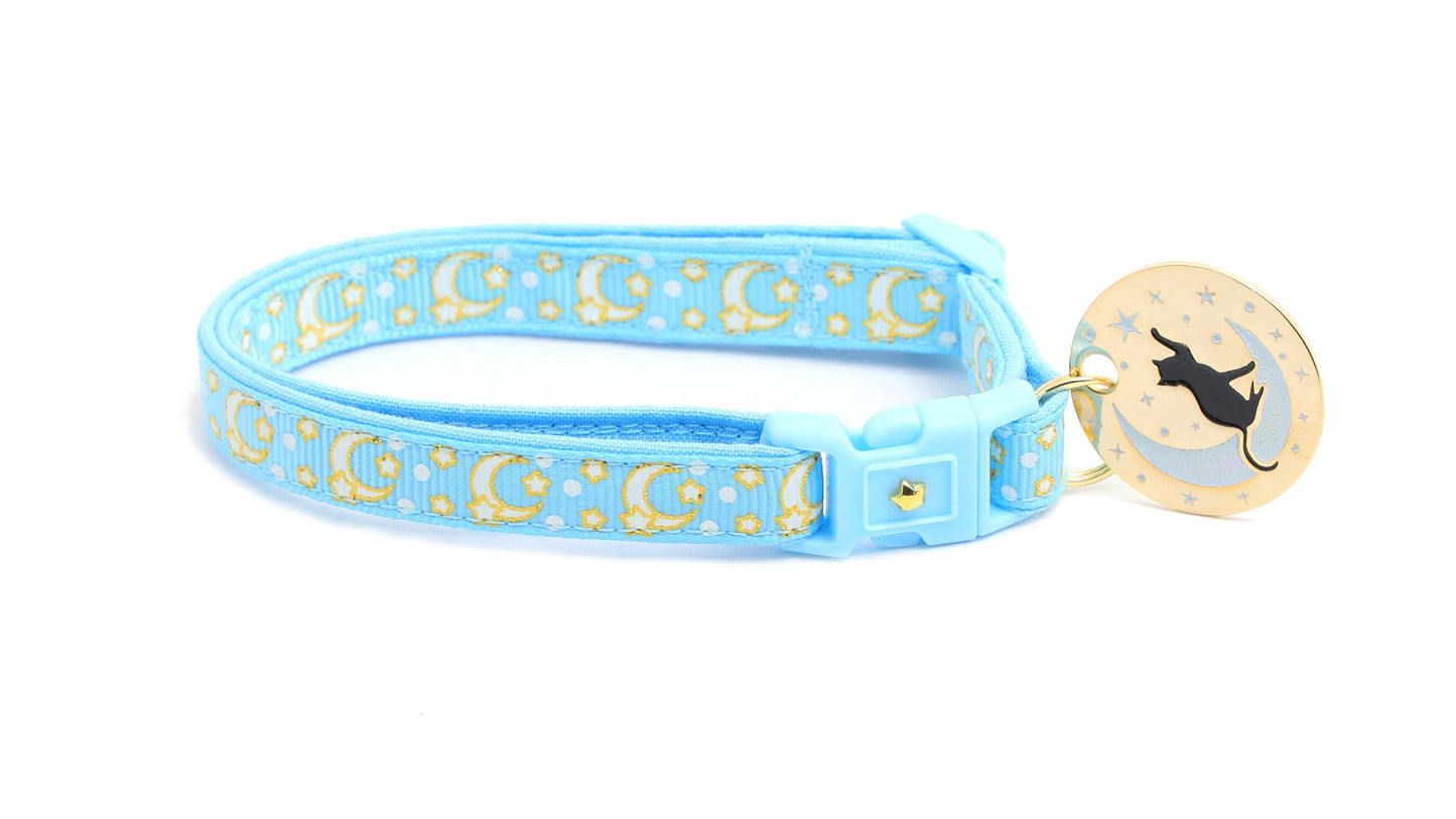 Gold Moons and Stars on Powder Blue Cat Collar-3