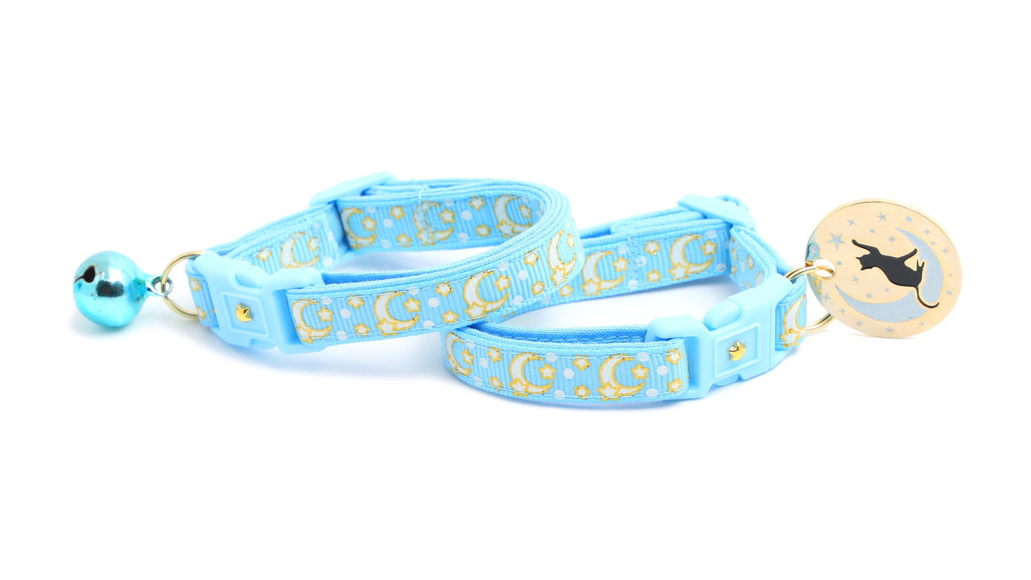Gold Moons and Stars on Powder Blue Cat Collar-4