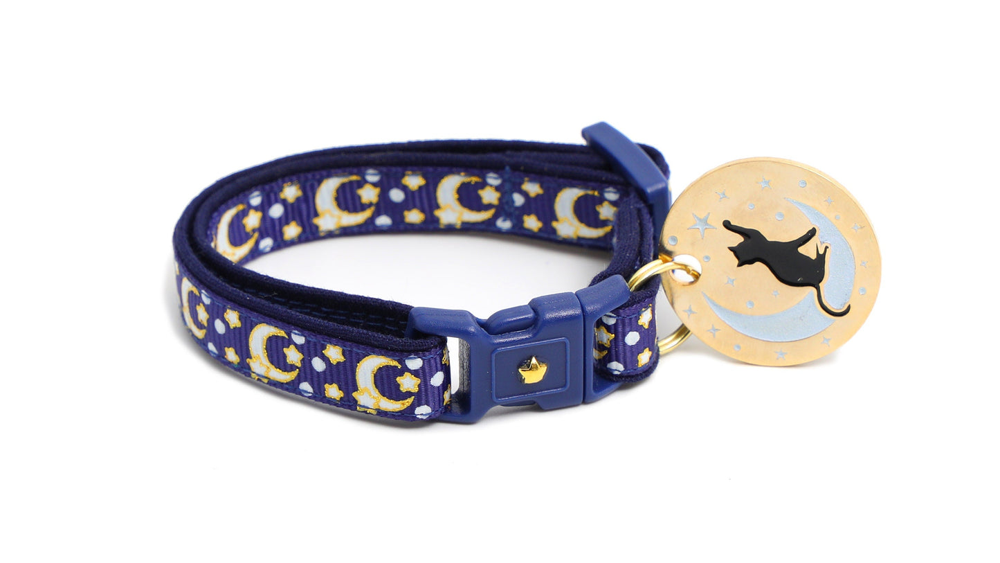 Gold Moons and Stars on Navy Blue Cat Collar-1
