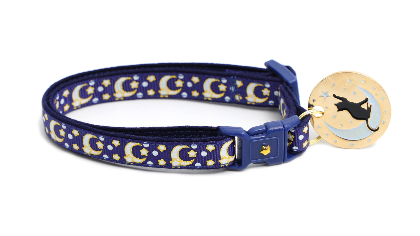 Gold Moons and Stars on Navy Blue Cat Collar-4