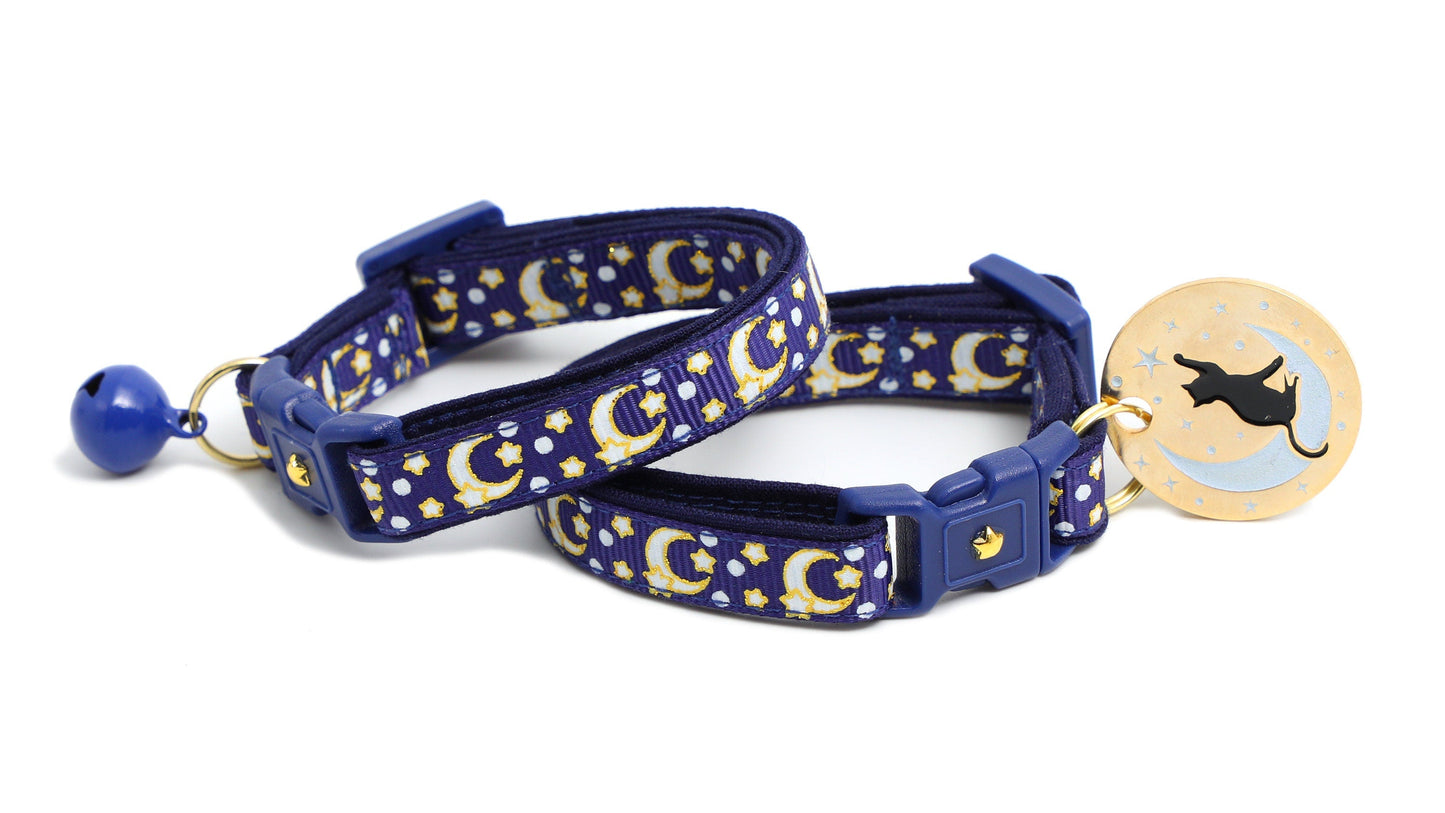 Gold Moons and Stars on Navy Blue Cat Collar-2