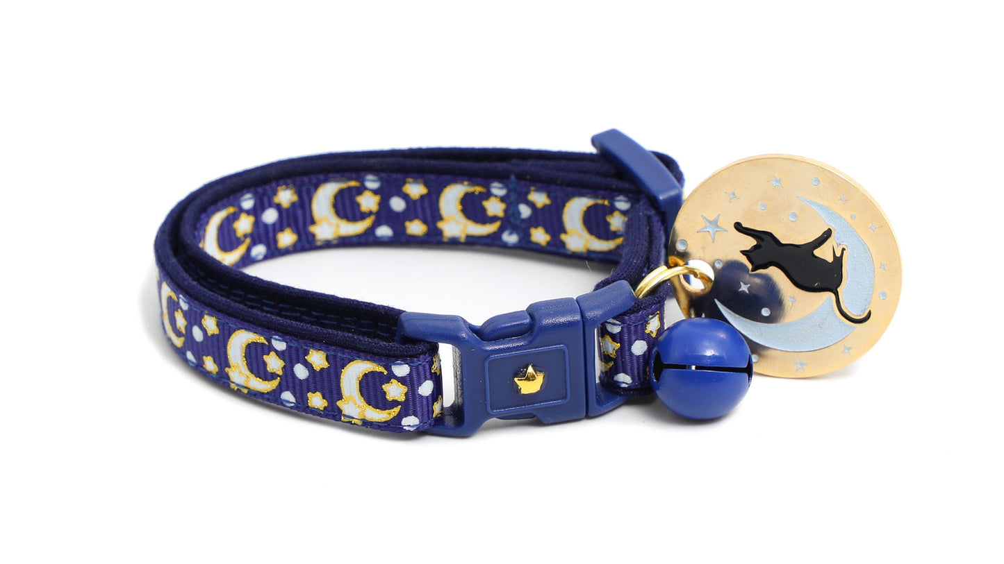 Gold Moons and Stars on Navy Blue Cat Collar-5