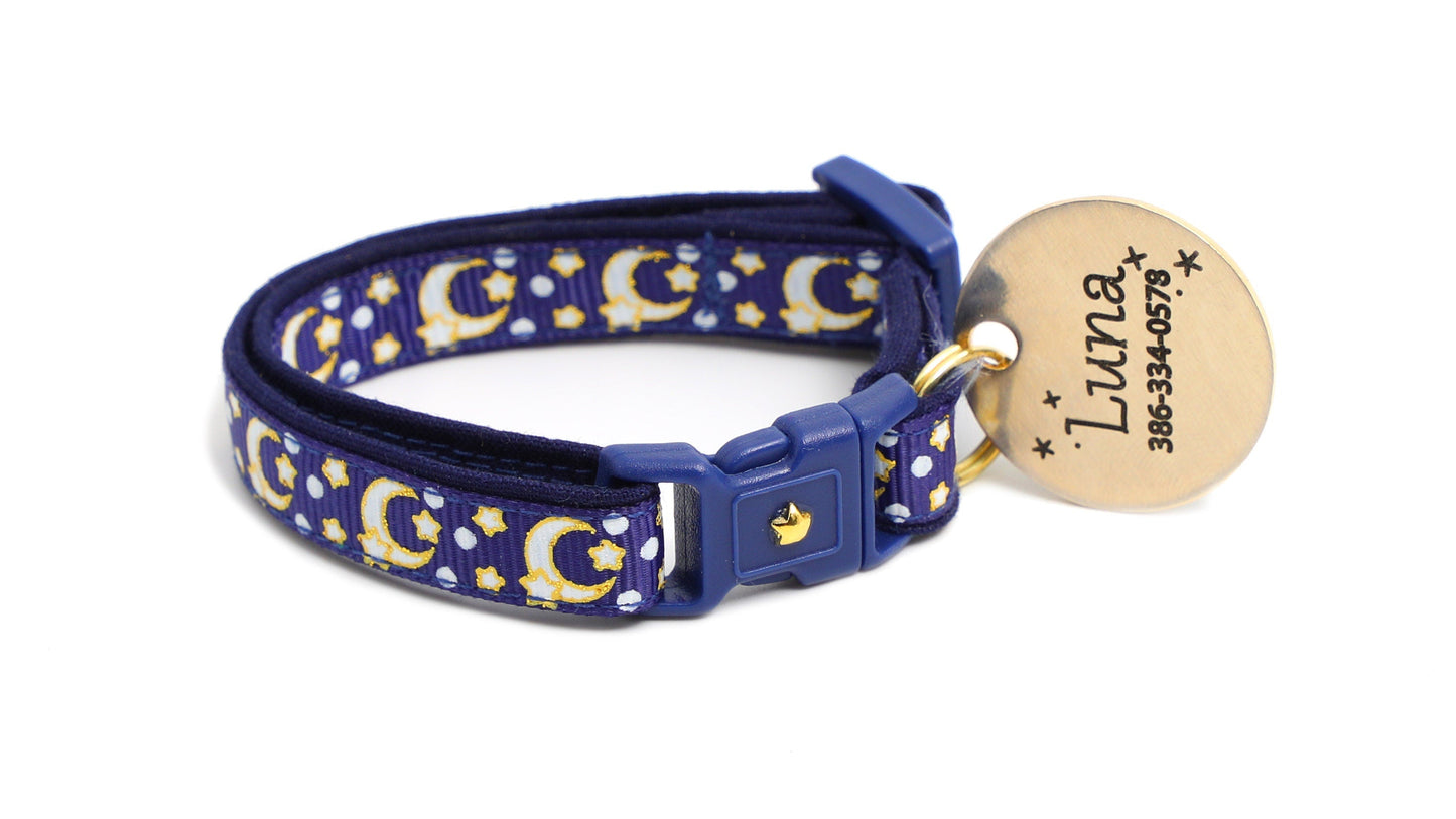 Gold Moons and Stars on Navy Blue Cat Collar-6