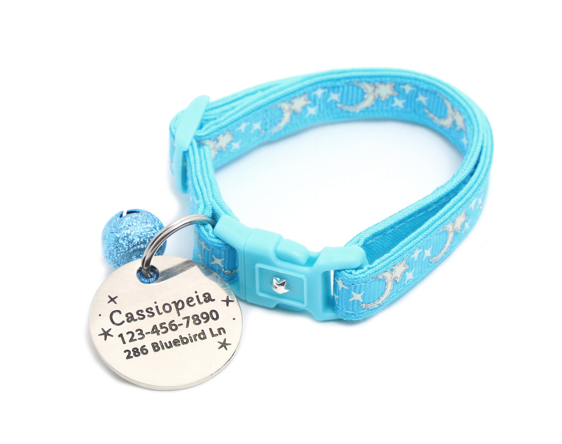 Silver Moons and Stars on Blue Cat Collar-7