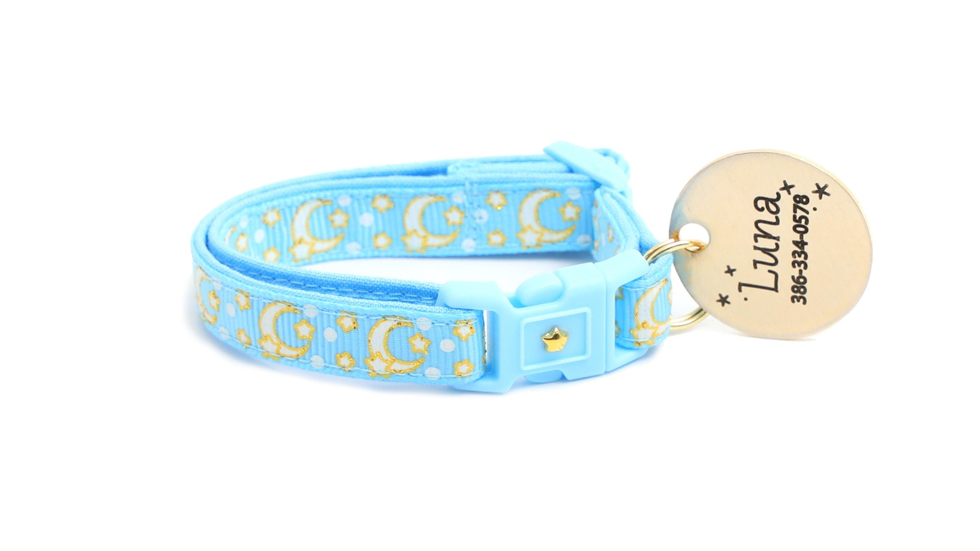 Gold Moons and Stars on Powder Blue Cat Collar-6