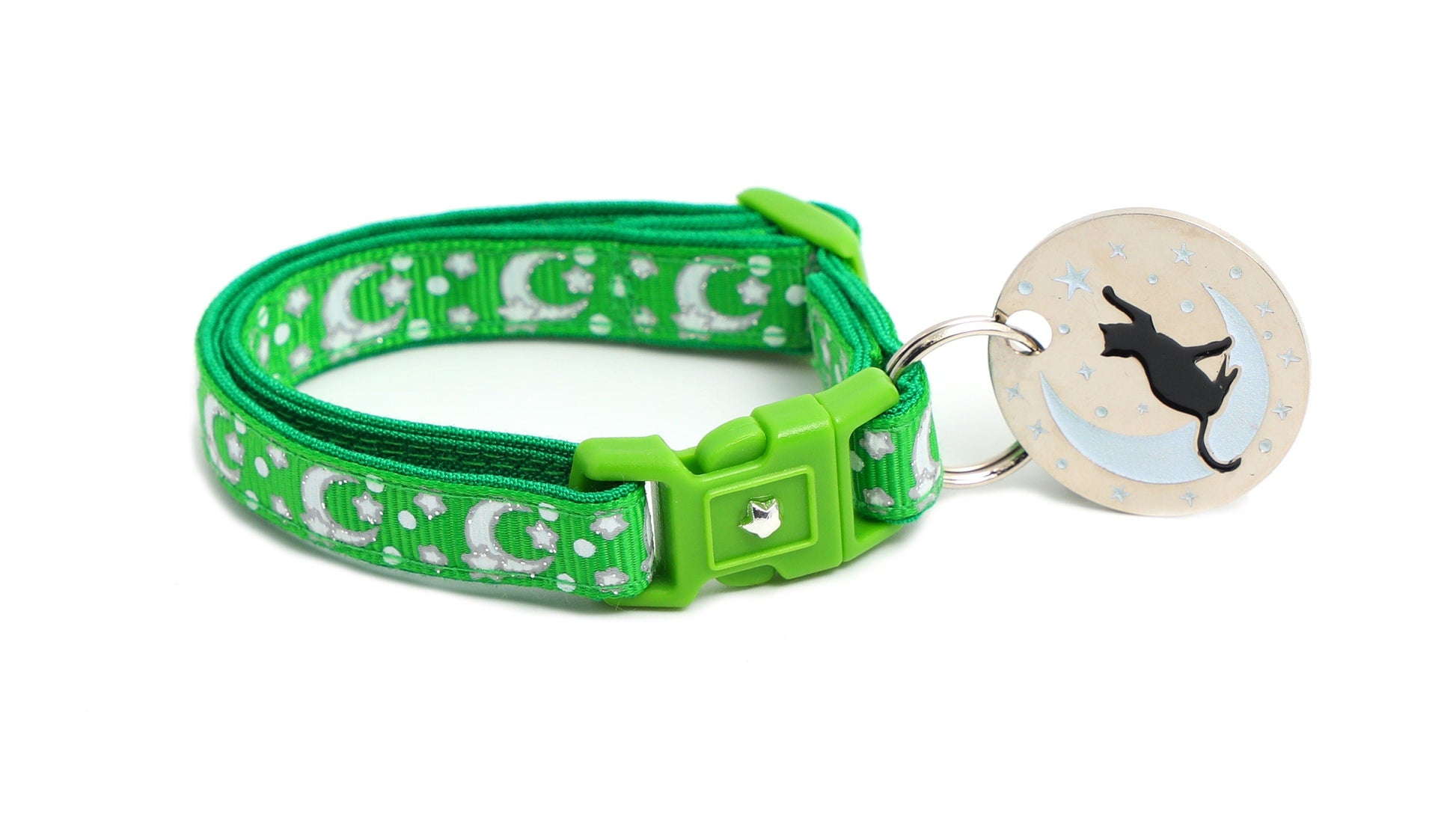 Silver Moons and Stars on Kelly Green Cat Collar-1